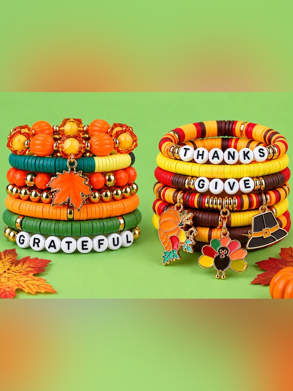 Thanksgiving Fall Stretch Bracelet SET OF TWO-Give Thanks & Grateful  Charms